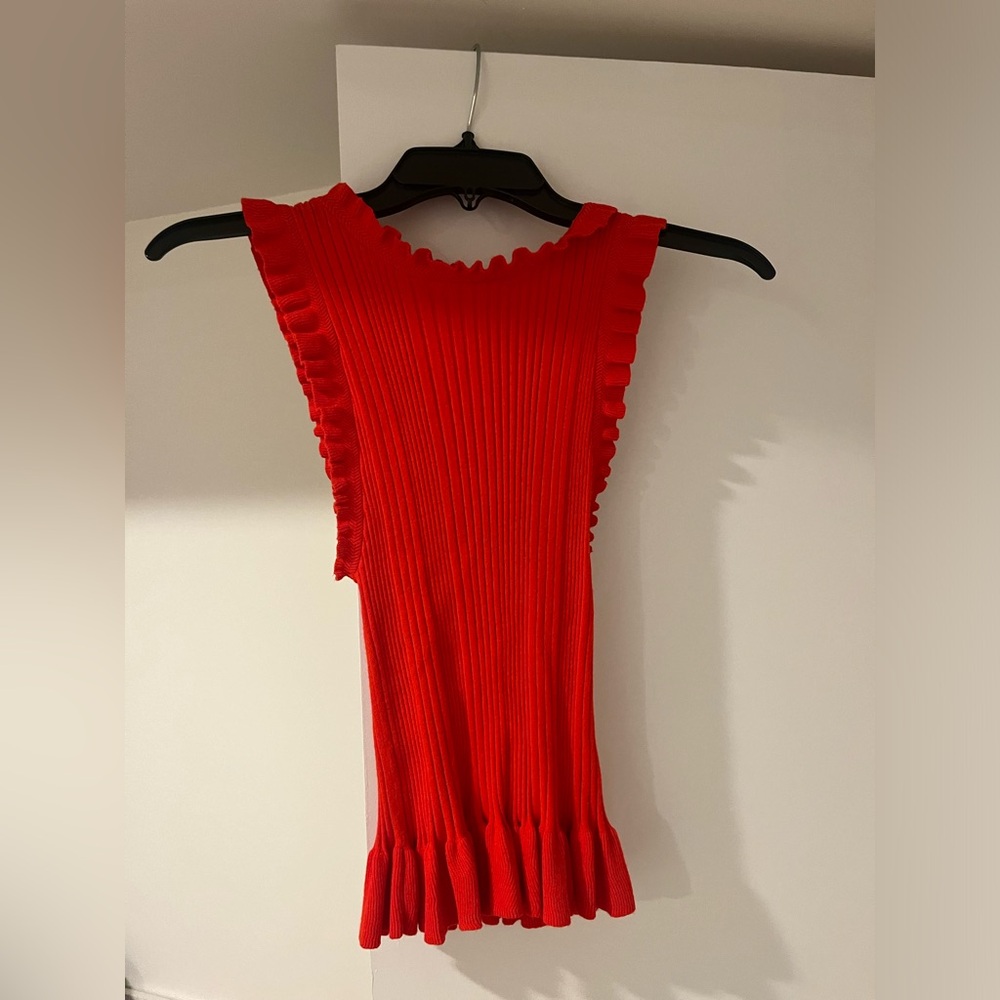 Rebecca Taylor Red Ribbed Ruffle Knit Top Size Small